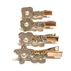 Set Of 4 Rhinestone Hair Clips Barrettes Gold Tone Updos Star Flowers